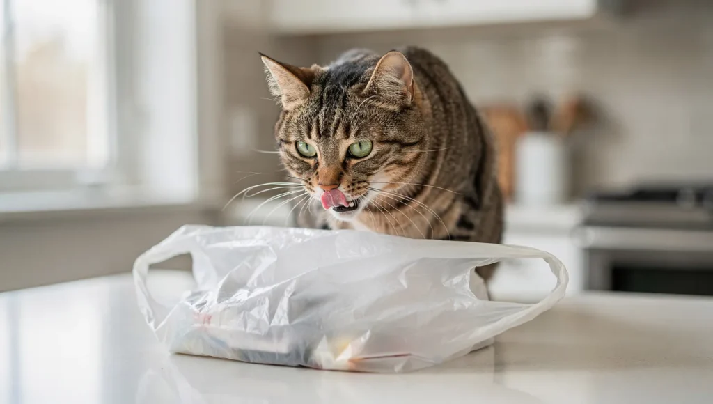 Why Do Cats Lick Plastic? Cat licking plastic grocery bag with curious expression
