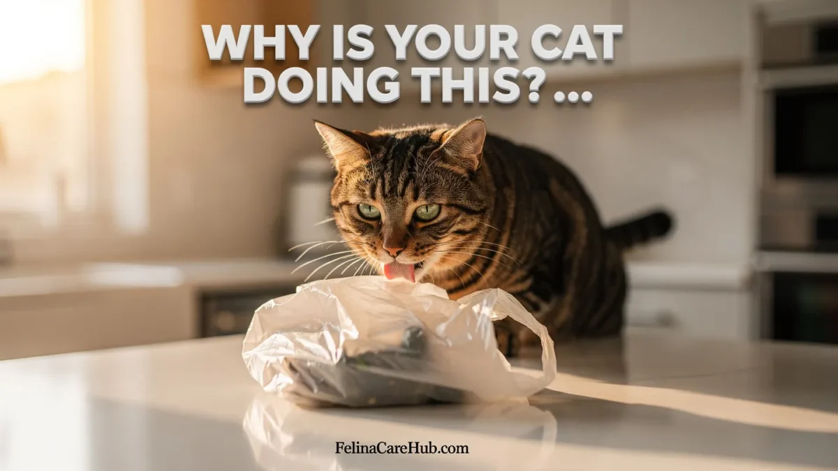 Why Do Cats Lick Plastic? Cat licking plastic grocery bag with curious expression