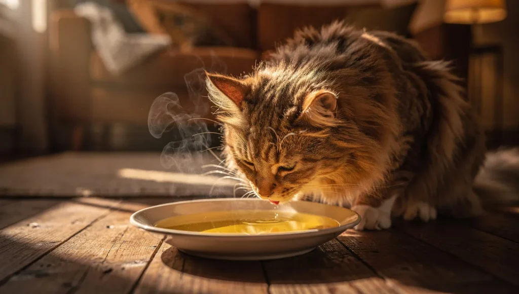 Serving safe chicken broth to a cat in a dish
