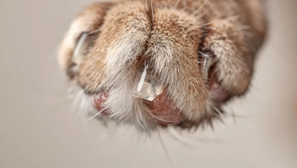 close up of cat paw with transparent nail cap applied