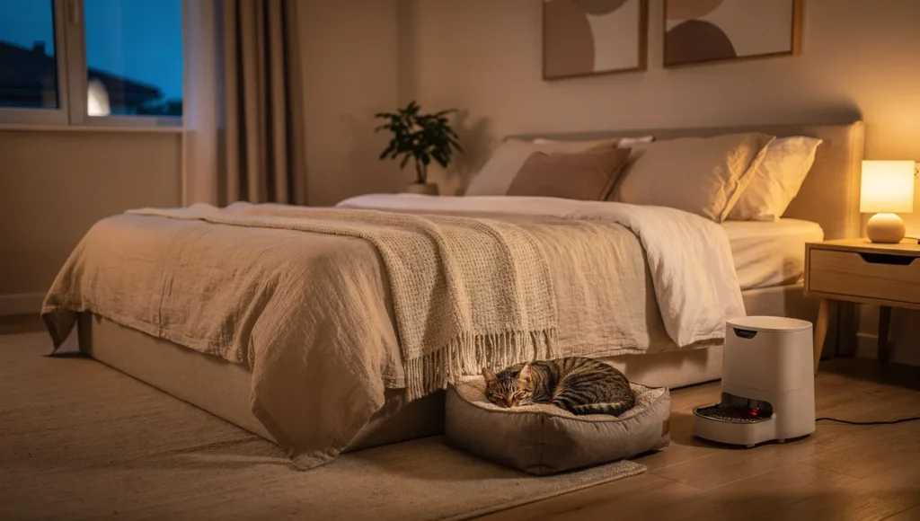 Peaceful bedroom interior showing cat bed near owner's bed with nightlight and automatic feeder for managing nighttime separation anxiety
