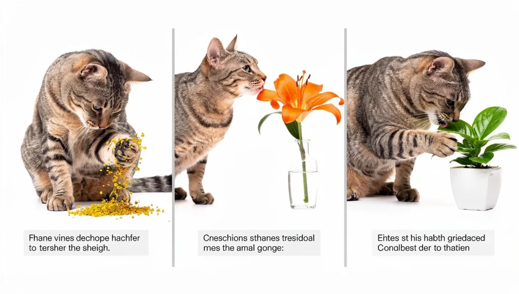 Toxic Plants for Cats: Infographic showing three ways cats get poisoned by toxic plants through grooming pollen, sniffing flowers, and chewing leaves