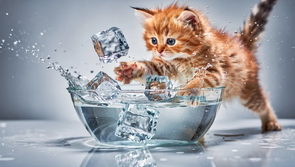 Playful cat batting at ice cubes in water dish