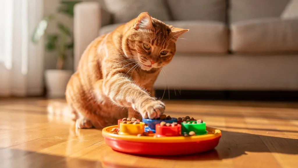 Content orange cat engaged with interactive puzzle feeder toy while owner is away, demonstrating successful environmental enrichment