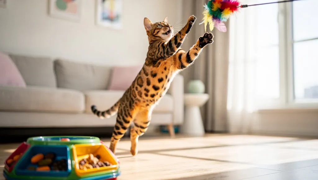 Happy cat playing with safe enrichment toys instead of plastic