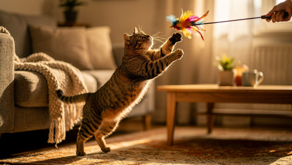 Cat playing with feather wand toy interactive session
