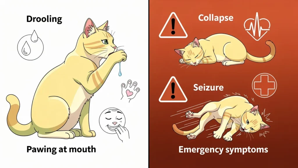 Side-by-side visual guide comparing mild versus severe plant poisoning symptoms in cats