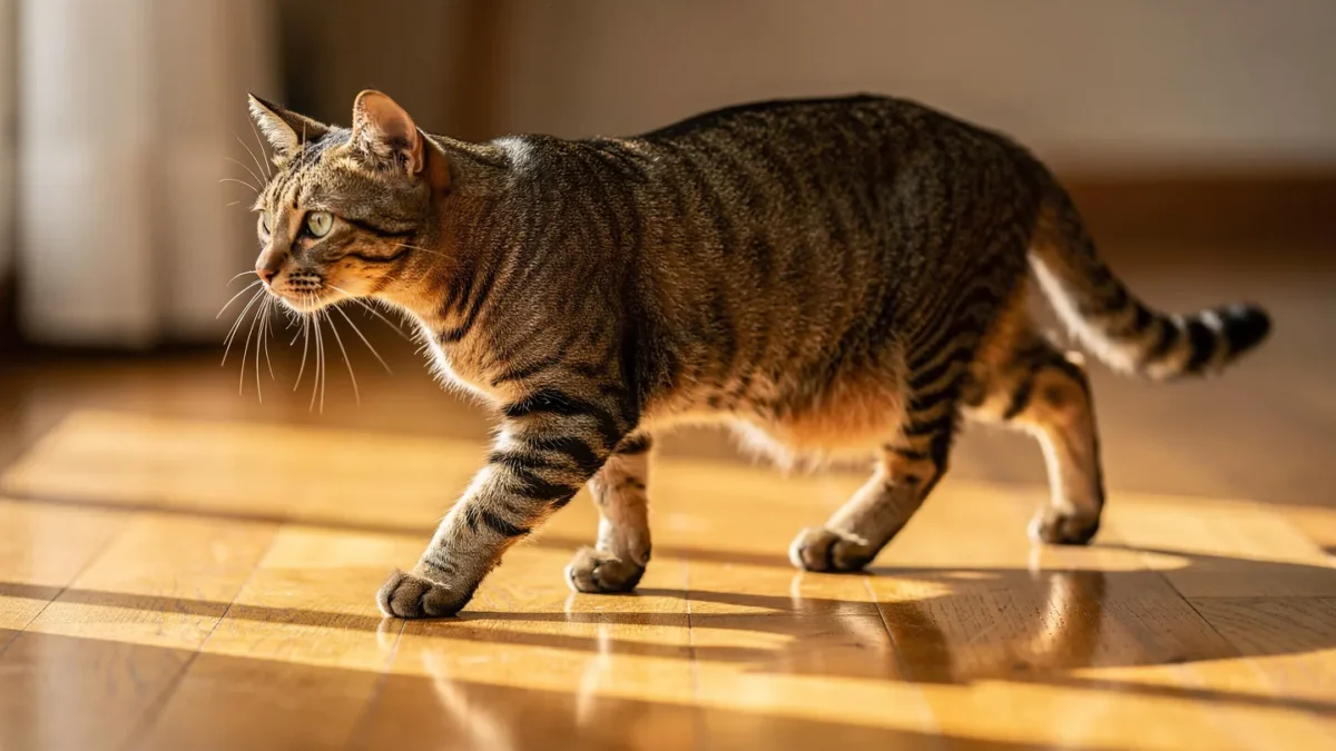 Cat primordial pouch swinging while walking