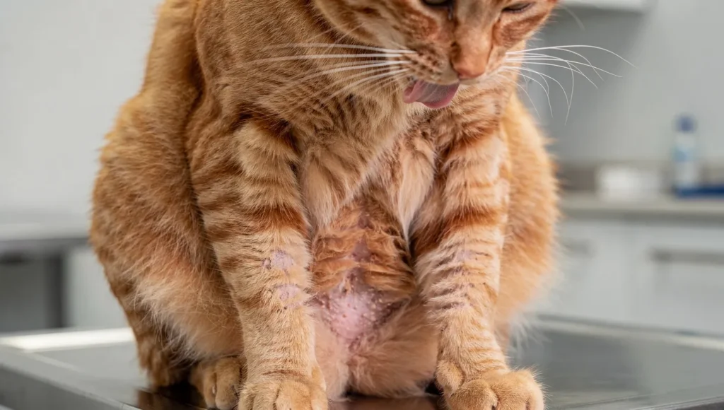 Tabby cat excessively grooming belly showing visible hair loss and bald patches from stress-induced psychogenic alopecia