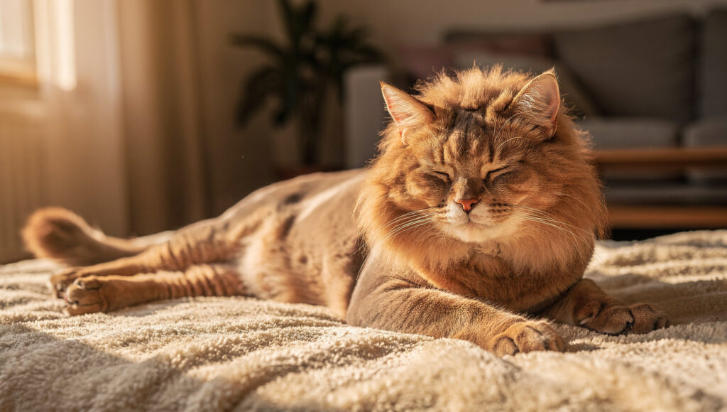 Relaxed cat resting at home after lion cut grooming
