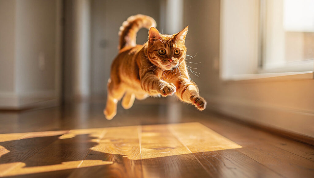 Healthy orange cat running through sunlit hallway