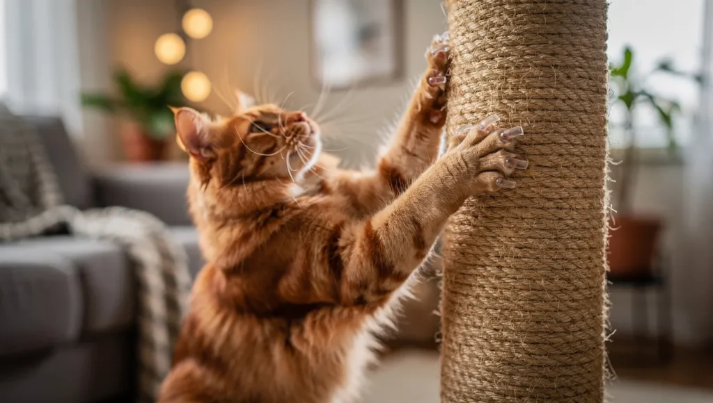 cat with nail caps using scratching post naturally