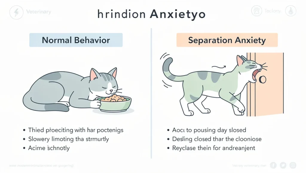 Split-screen comparison infographic showing normal cat behavior versus separation anxiety symptoms in felines