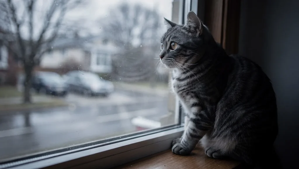 Gray tabby cat with sad expression looking through window waiting for owner to return home, illustrating feline separation anxiety