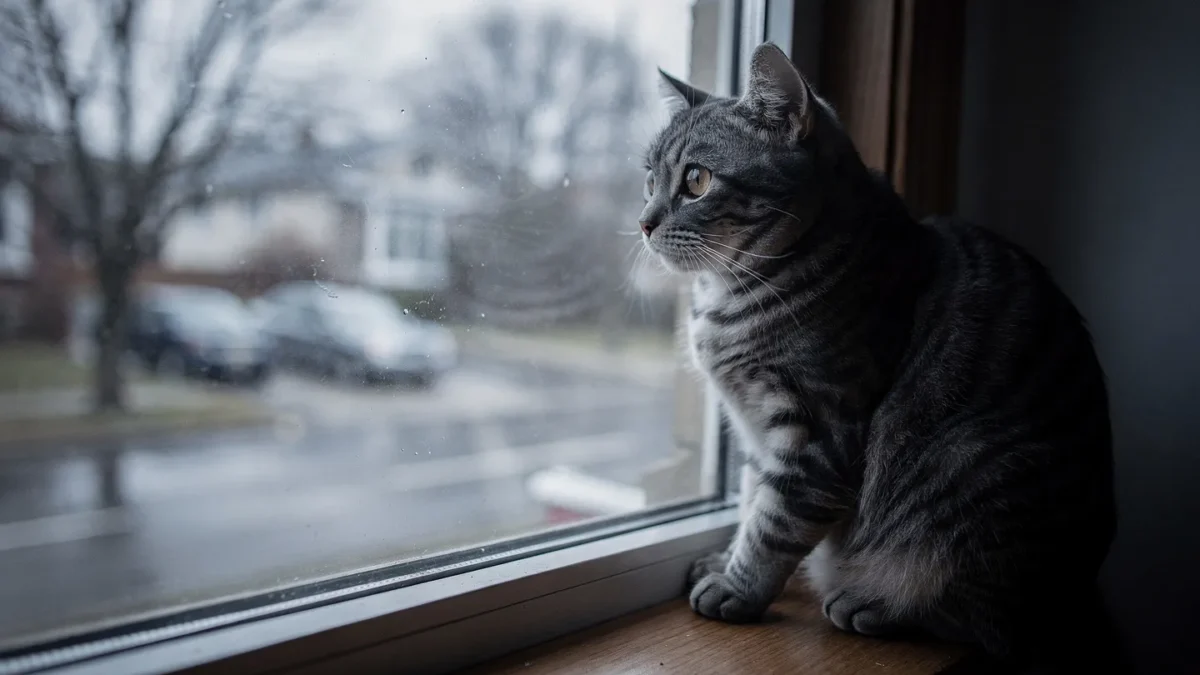 Gray tabby cat with sad expression looking through window waiting for owner to return home, illustrating feline separation anxiety