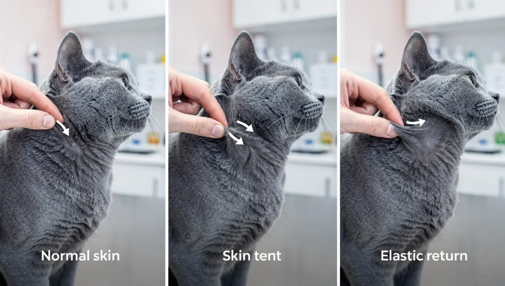 Step-by-step illustrated guide showing veterinary skin tent test for cat dehydration at neck scruff area