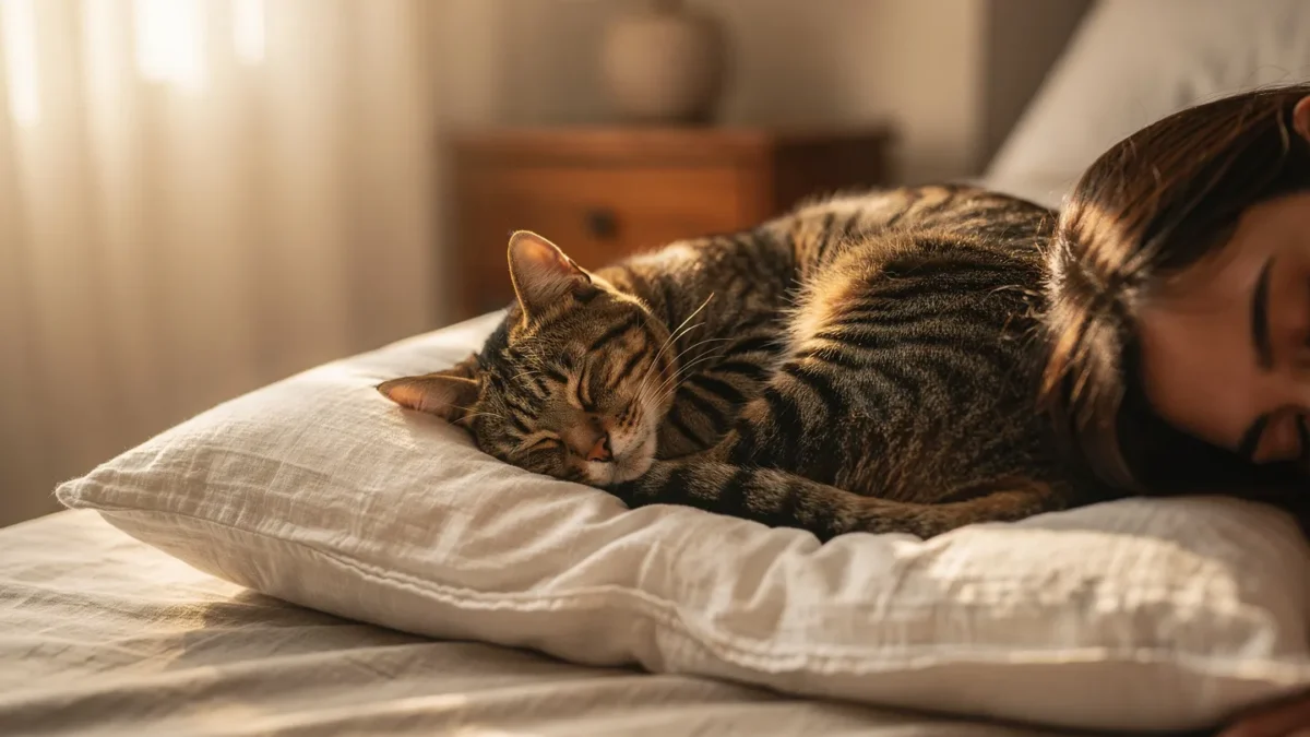 why does my cat sleep next to my head every night: Peaceful tabby cat curled up on white pillow next to sleeping owner's head in cozy bedroom