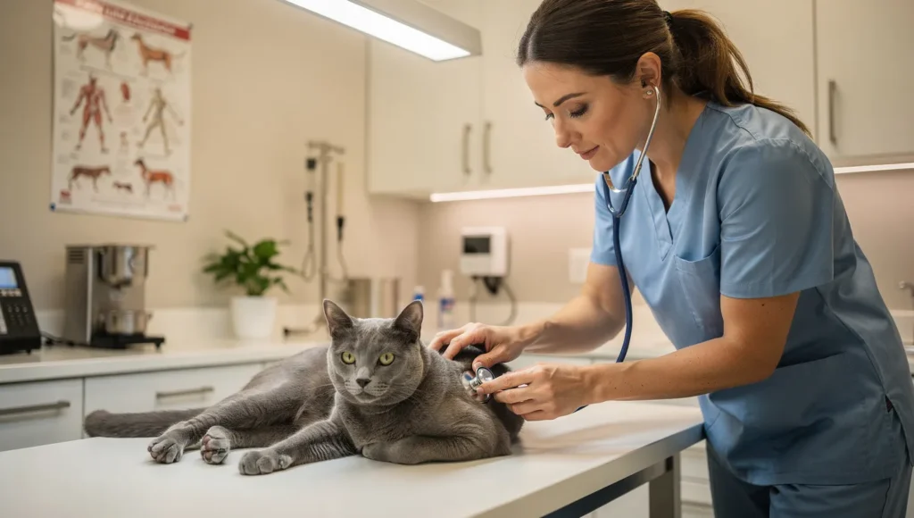 Veterinarian examining gray cat with stethoscope during wellness checkup to rule out medical causes of anxiety