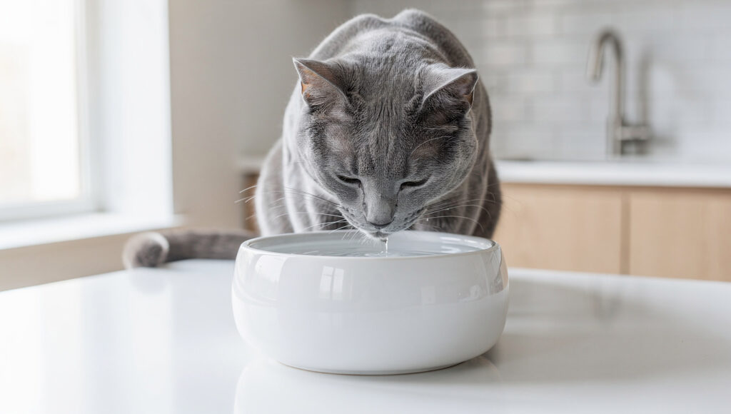 Healthy cat drinking from ceramic water fountain