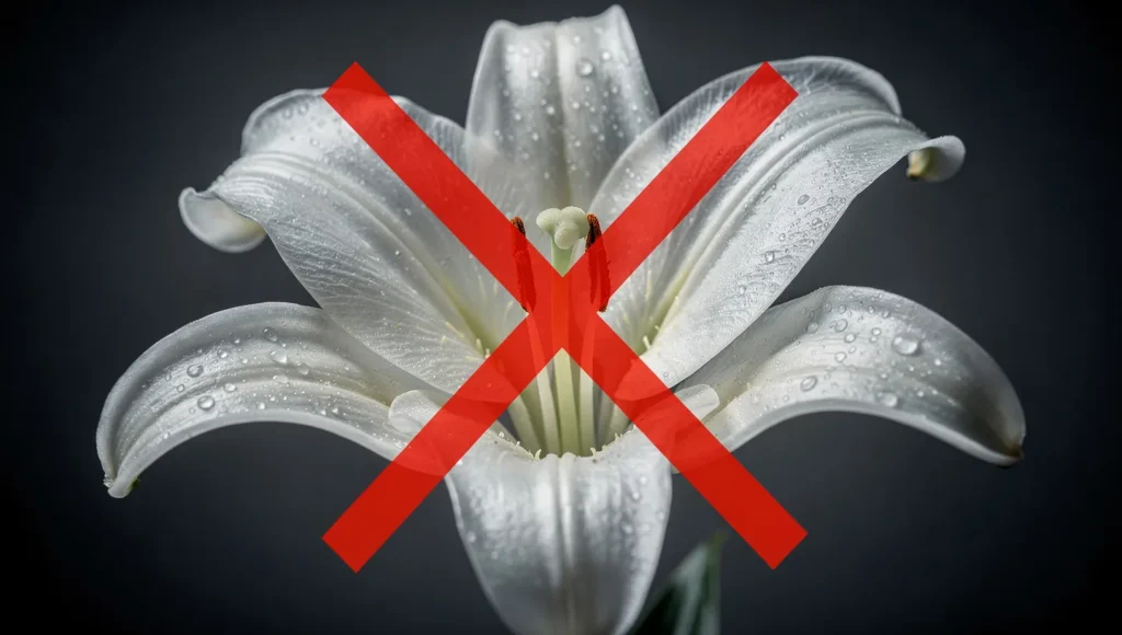 Close-up of toxic Easter lily flower with red warning symbol overlay for cat safety