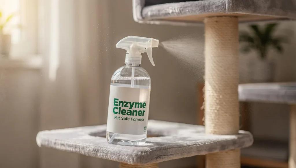 Spray bottle of enzyme cleaner being applied to cat tree