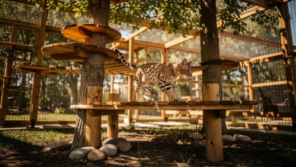 F1 Savannah cat in large outdoor enclosure with climbing structures demonstrating space requirements