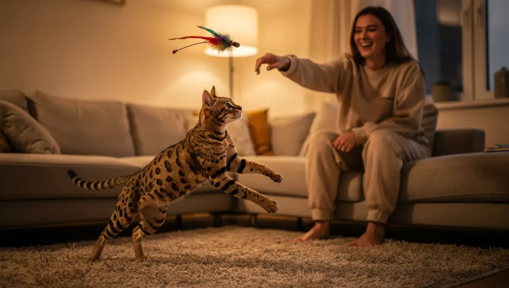 Happy F4 Savannah cat owner playing interactive fetch indoors showing daily commitment