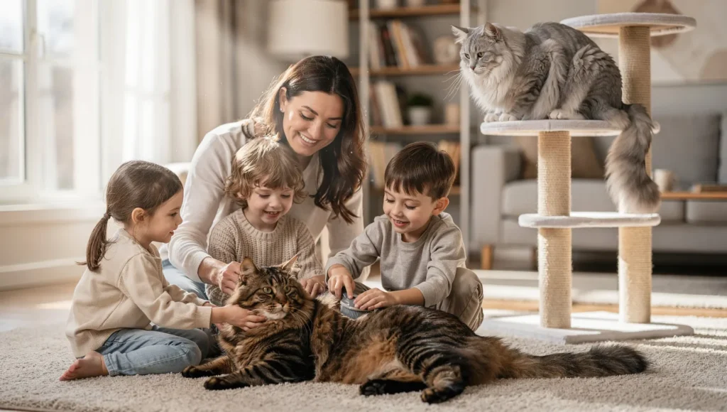 Family with children playing with patient Maine Coon while Norwegian Forest Cat lounges independently