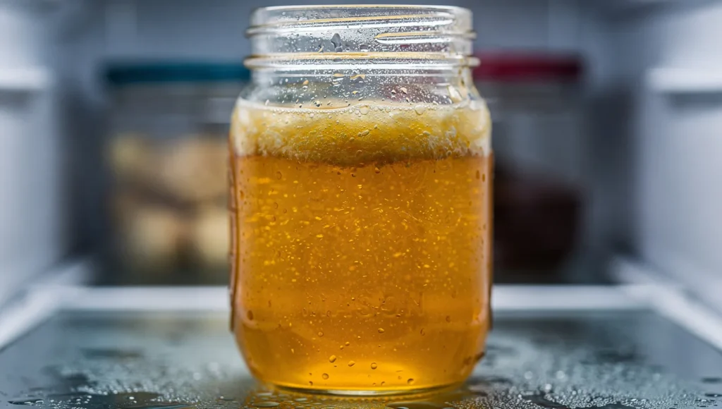 Finished chicken bone broth in glass jar with gelatin layer - homemade cat supplement