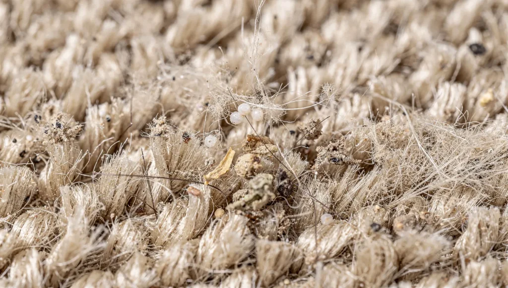 Close-up of cat tree fabric showing flea eggs and debris
