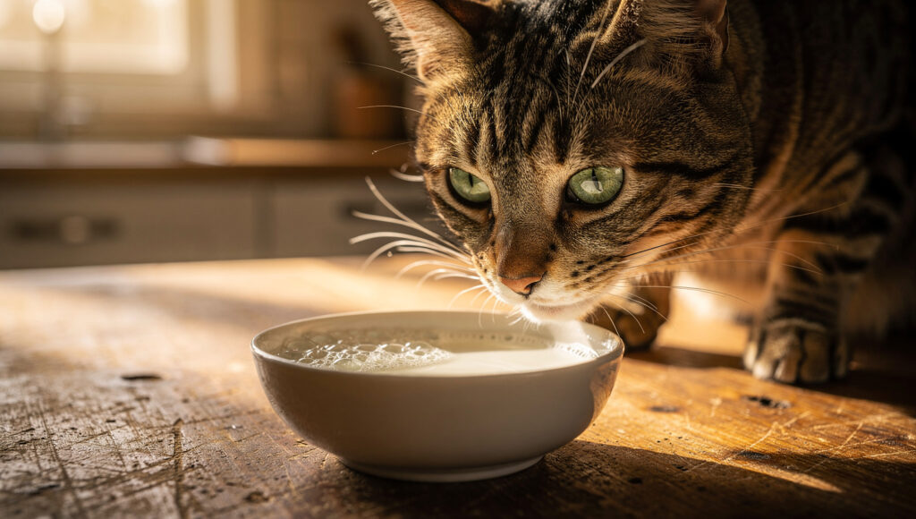 Goat Milk for Cats: Cat sniffing goat milk in a small ceramic bowl