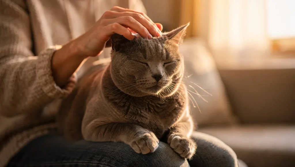 Happy cat receiving gentle head scratch from owner showing trust and affection