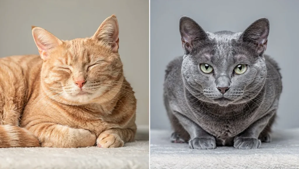 Split image showing relaxed happy cat sleeping versus stressed cat with flattened ears