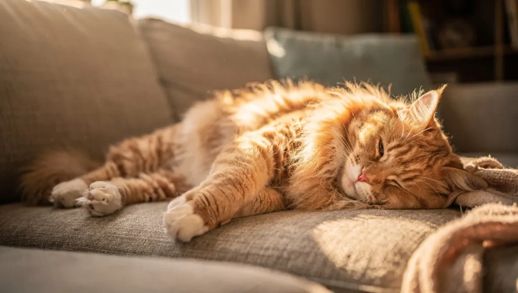 Happy healthy cat relaxing at home flea-free