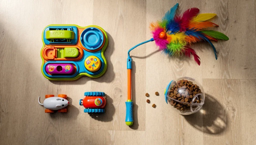 Variety of interactive cat toys including puzzle feeders and feather wands on floor
