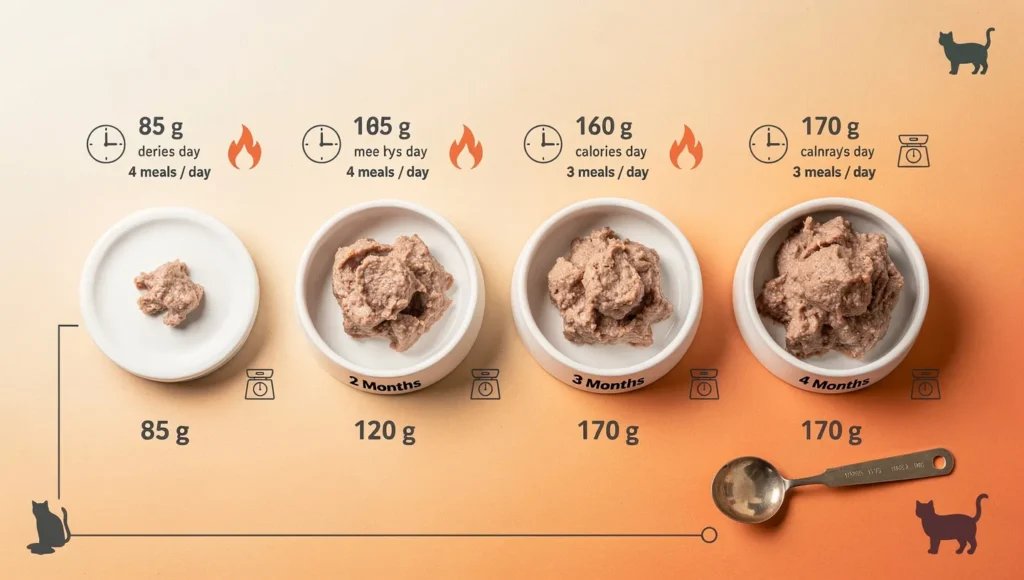 How Much to Feed a Kitten: Kitten feeding chart by age showing portions and meal frequency