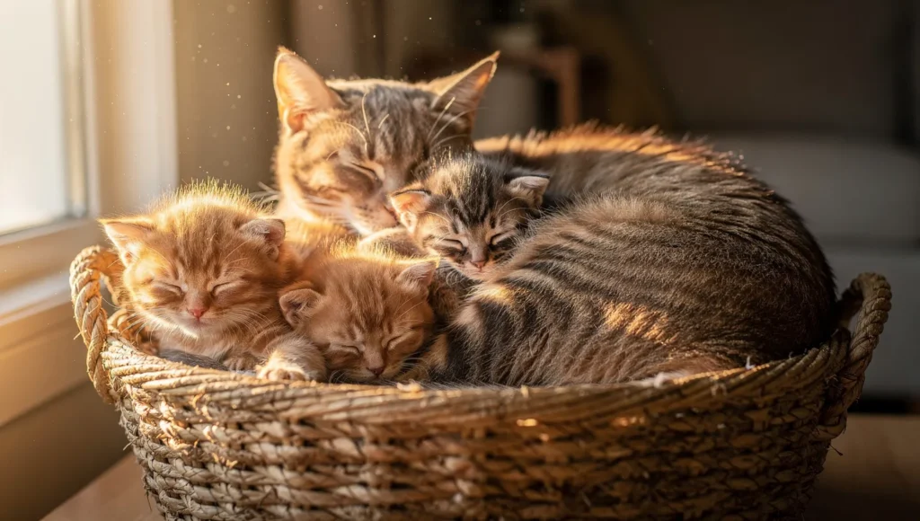 Mother cat with kittens sleeping close together demonstrating natural feline bonding behavior