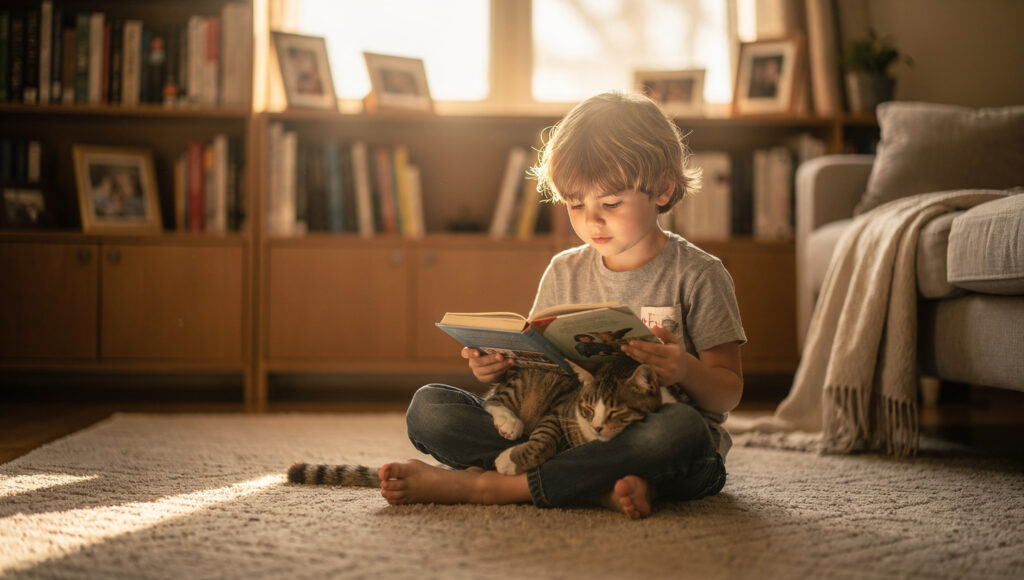 Munchkin cat sitting calmly on child's lap during reading time in cozy home environment