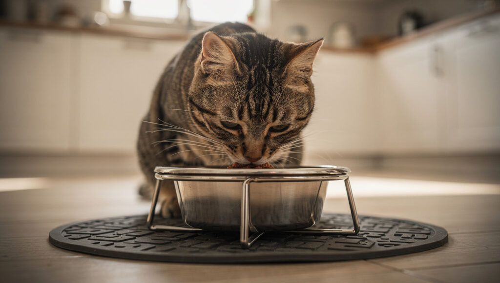 Munchkin cat eating from elevated shallow bowl on non-slip mat showing proper head and neck posture