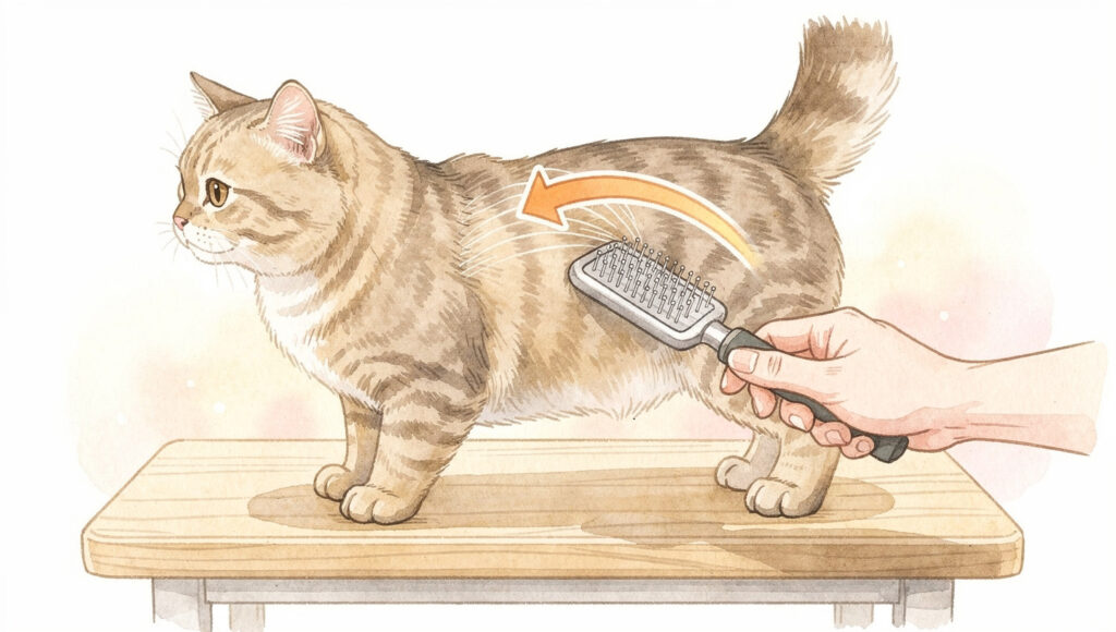 Illustrated guide demonstrating proper brushing technique for Munchkin cat with focus on lower back area