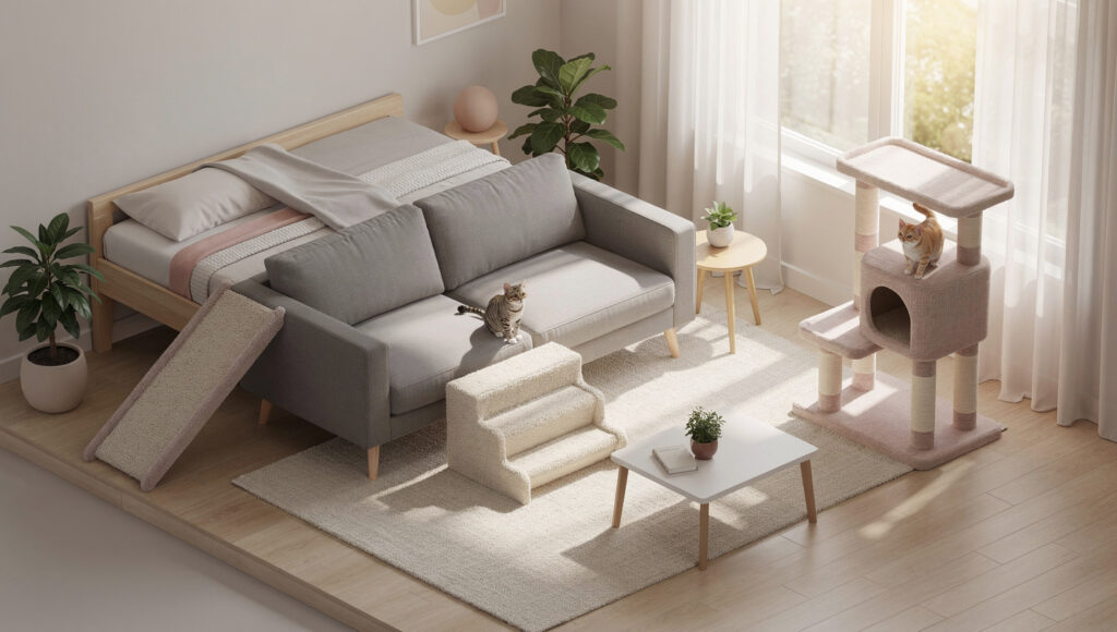 Home modification diagram showing pet stairs to couch, low cat tree by window, and carpeted ramp to bed