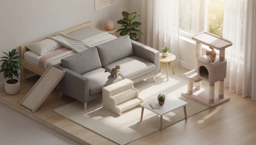 Home modification diagram showing pet stairs to couch, low cat tree by window, and carpeted ramp to bed