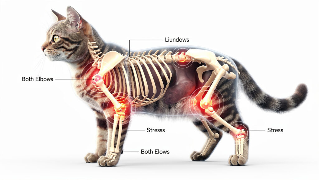 Diagram highlighting common joint stress areas in Munchkin cats including hips, elbows, and lower spine