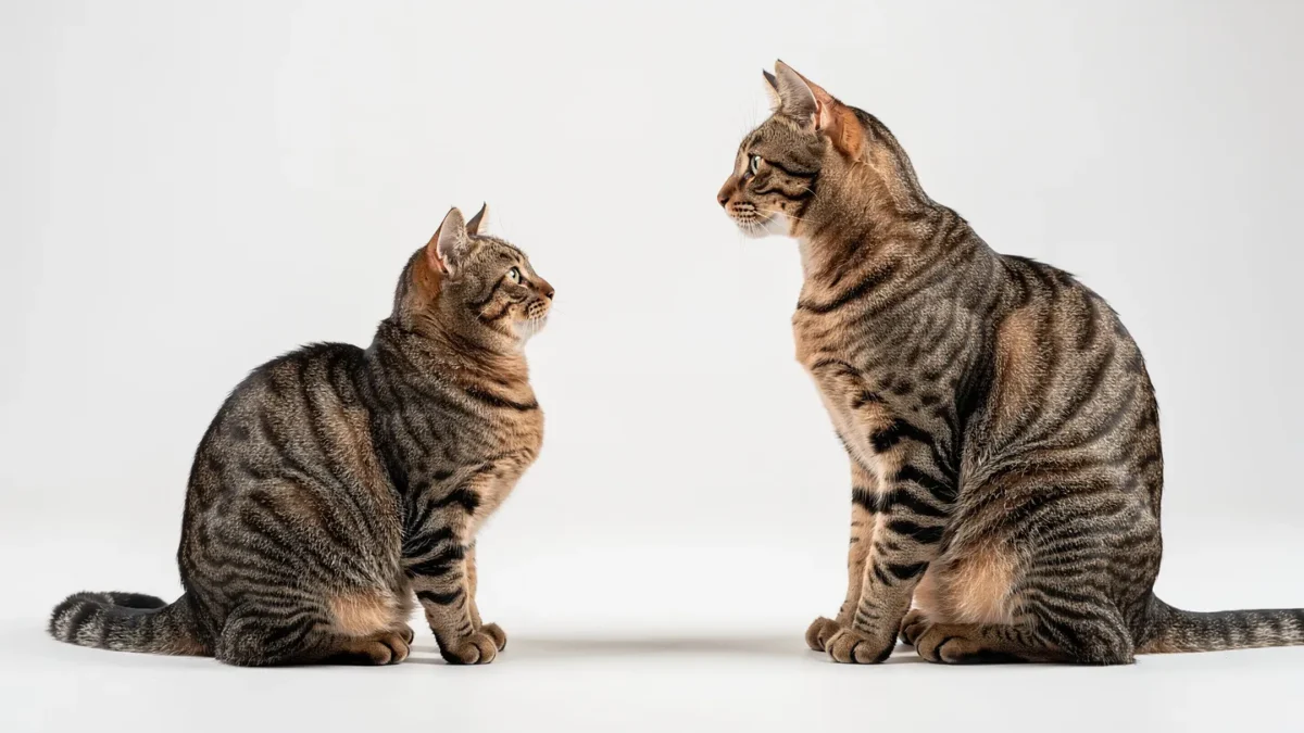 Munchkin Cat Care: Side-by-side comparison showing Munchkin cat leg proportions versus regular domestic shorthair cat on neutral background