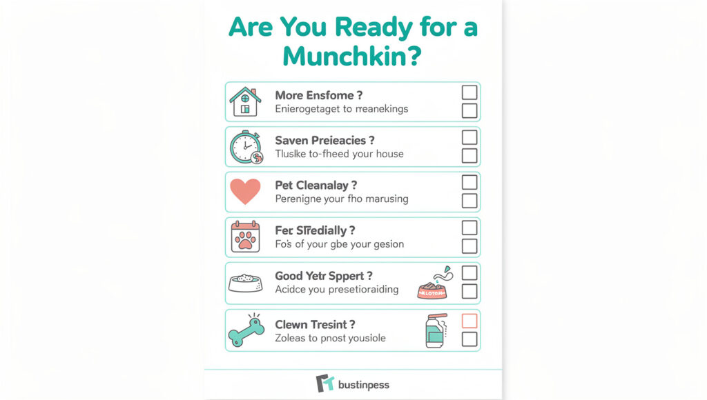 Infographic-style checklist with icons assessing Munchkin cat ownership readiness factors