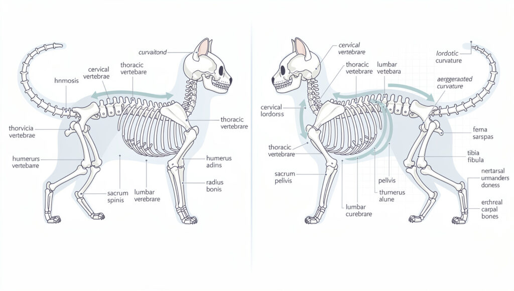 Medical infographic illustrating healthy Munchkin cat spine versus lordosis condition with anatomical labels
