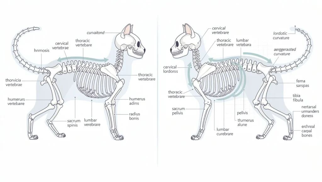 Medical infographic illustrating healthy Munchkin cat spine versus lordosis condition with anatomical labels