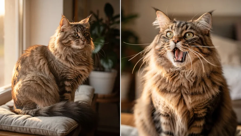 Norwegian Forest Cat sitting silently versus Maine Coon vocalizing and chirping