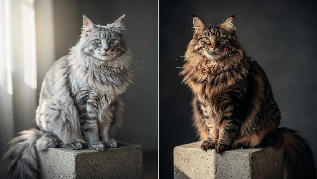 Norwegian Forest Cat vs Maine Coon: Side-by-side comparison of Norwegian Forest Cat and Maine Coon showing size and coat differences