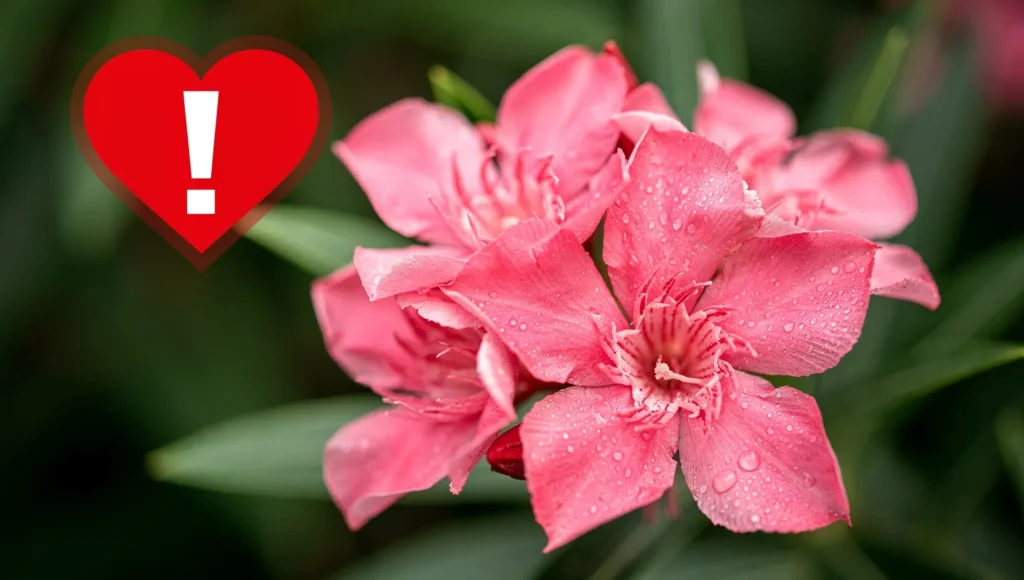 Pink oleander flowers with cardiac warning symbol for cat toxicity awareness